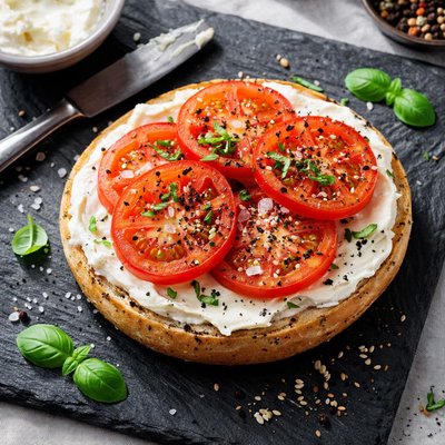 Bagel with cream cheese and tomato