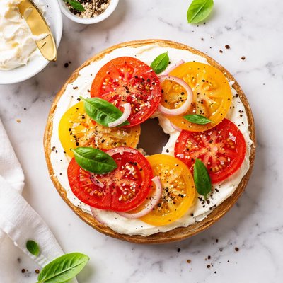 Bagel with cream cheese and tomatoes