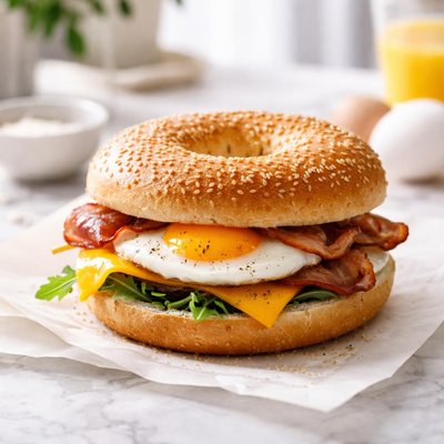 Bagel with egg and bacon