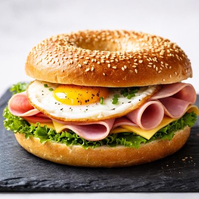 Bagel with egg and ham