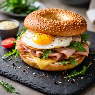 Bagel with eggs and turkey