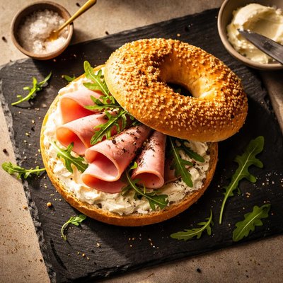 Bagel with ham and cream cheese