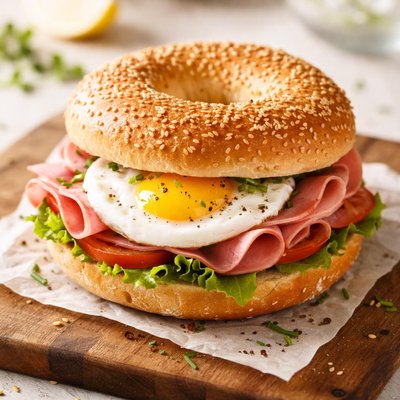 Bagel with ham and egg