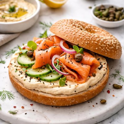 Bagel with hummus and salmon