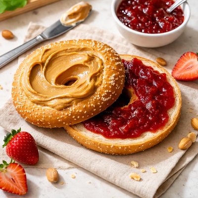 Bagel with jam and peanut butter
