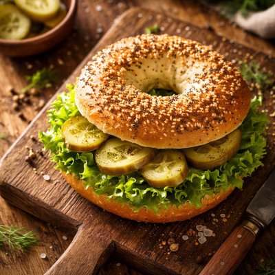 Bagel with lettuce and pickles