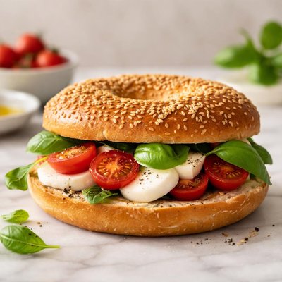 Bagel with mozzarella and cherry tomatoes