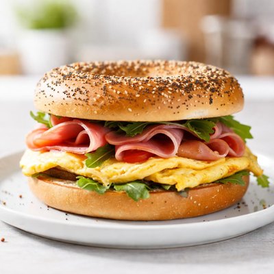 Bagel with parma ham and omlett