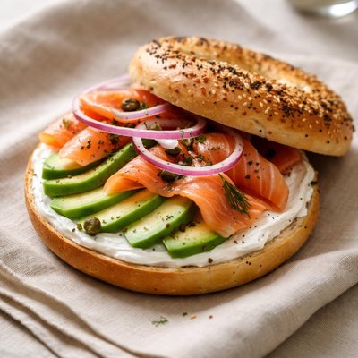 Bagel with smoked salmon and avocado