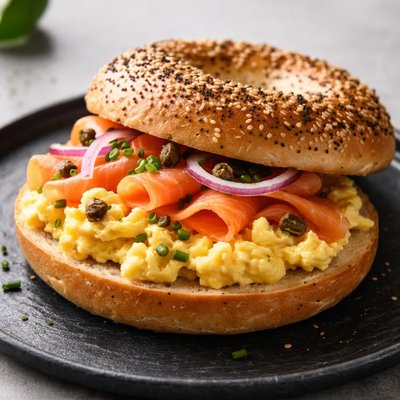 Bagel with smoked salmon and scrambled eggs