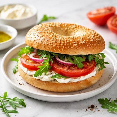 Bagel with tomato and arugula