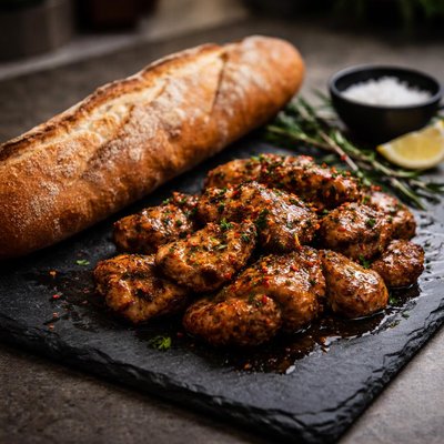 Baguette and marinated chicken