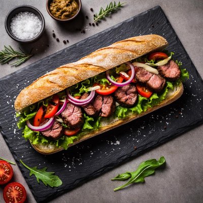 Baguette sandwich with beef and vegetables