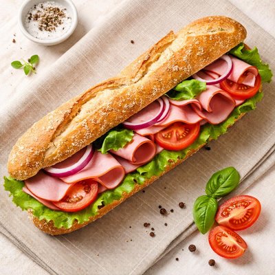 Baguette sandwich with ham and tomato