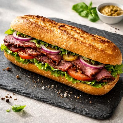 Baguette sandwich with meat