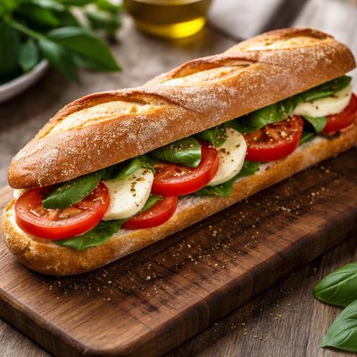 Baguette sandwich with mozzarella and tomato