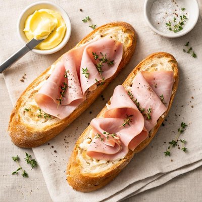 Baguette with butter and ham