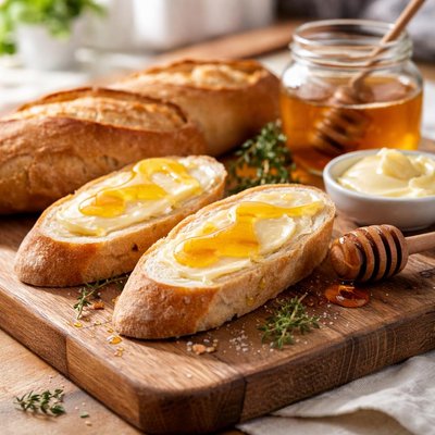 Baguette with butter and honey