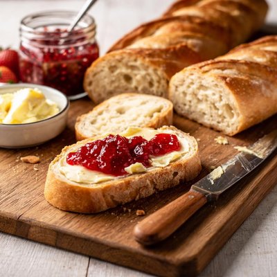 Baguette with butter and jam