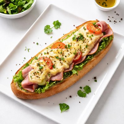 Baguette with cheese and ham