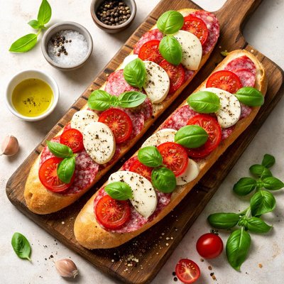 Baguette with salami and mozzerella