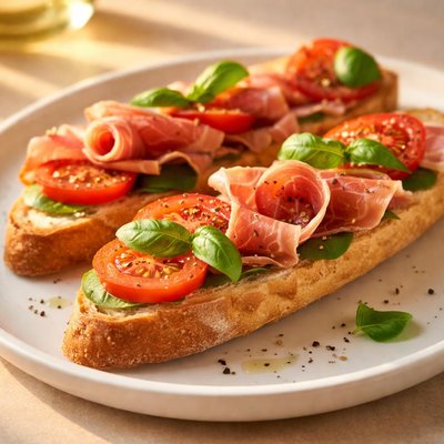 Baguette with tomato and ham