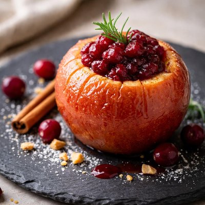Baked apple with cranberry sauce