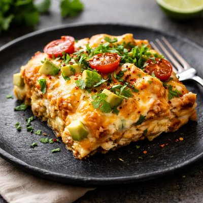 Baked casserole with cheese and avocado