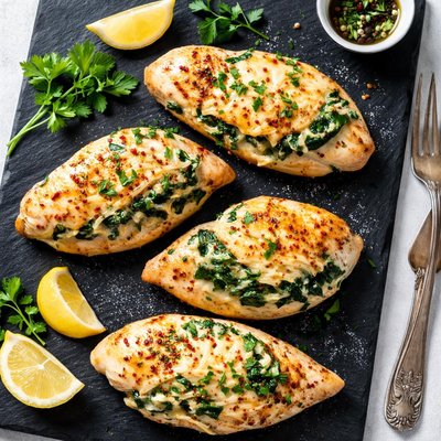 Baked chicken breast with cheese and spinach