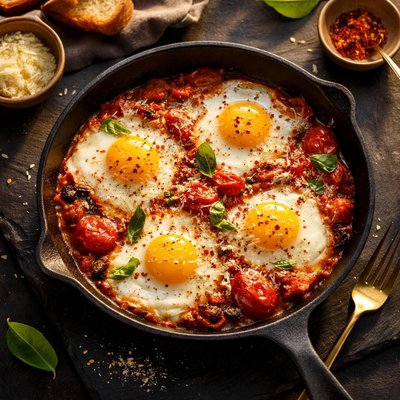 Baked eggs with tomatoes and parmesan