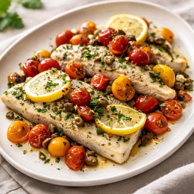 Baked fish with cherry tomatoes and herbs