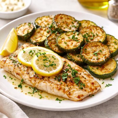 Baked fish with fried zucchini