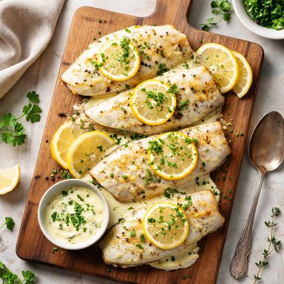 Baked fish with lemon cream sauce