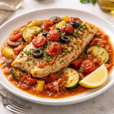 Baked fish with tomato sauce and vegetables