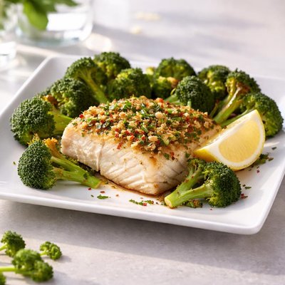 Baked hake with broccoli