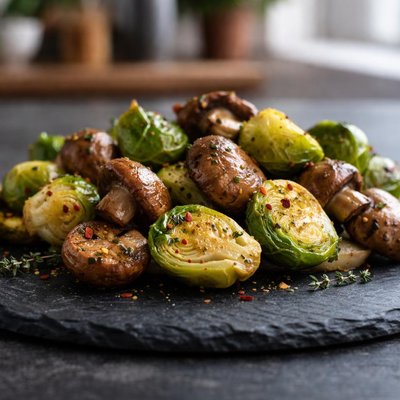 Baked mushrooms and brussel sprouts