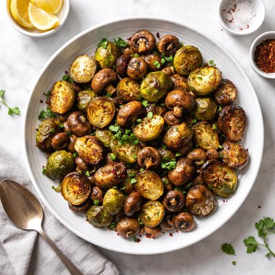 Baked mushrooms and brussels sprouts