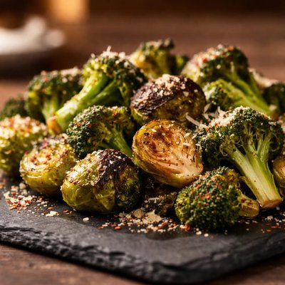 Baked parmesan sprouts and broccoli