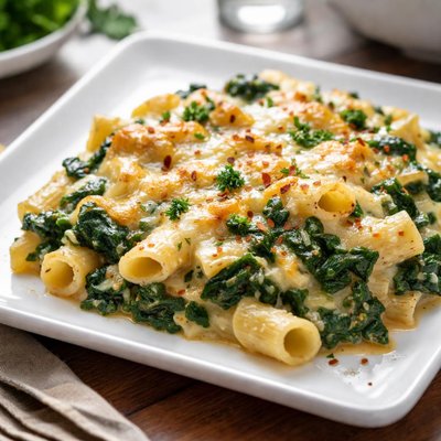 Baked pasta with cheese and spinach