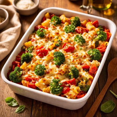 Baked pasta with cheese and vegetables