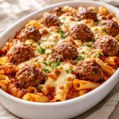 Baked pasta with meatballs