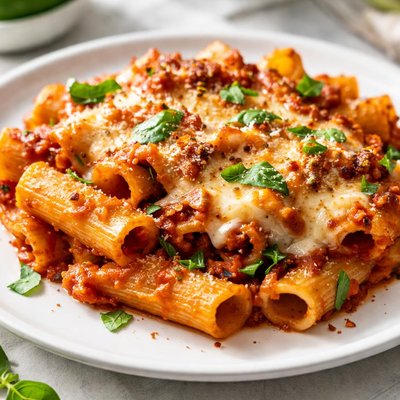 Baked pasta with tomato sauce and cheese