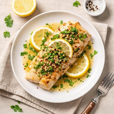 Baked pollock filet with lemon and corriander