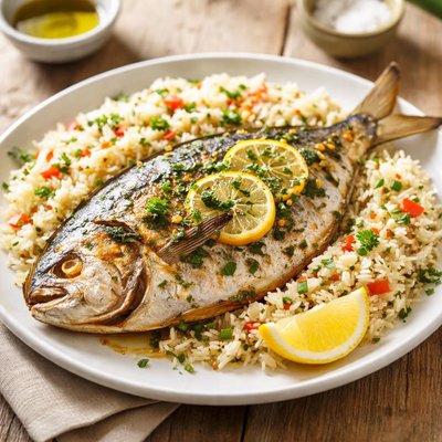 Baked pompano with rice