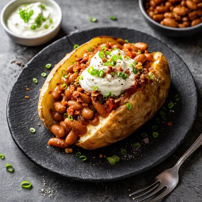 Baked potato with beans and sour cream
