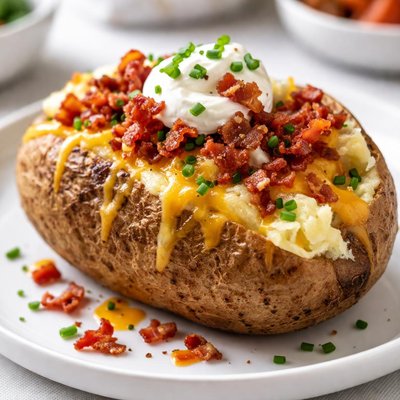 Baked potato with cheese and bacon bits