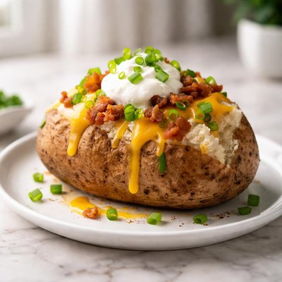 Baked potato with cheese and green onions