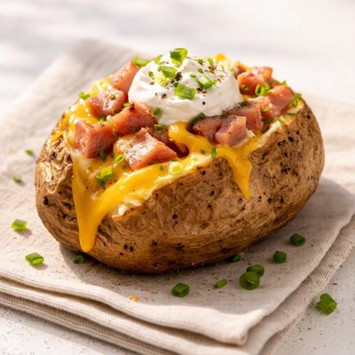Baked potato with cheese and ham