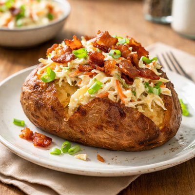 Baked potato with coleslaw and bacon