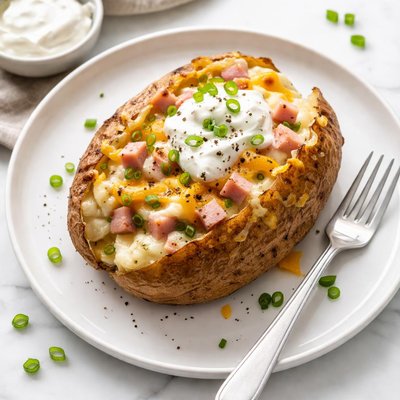 Baked potato with ham and cheese